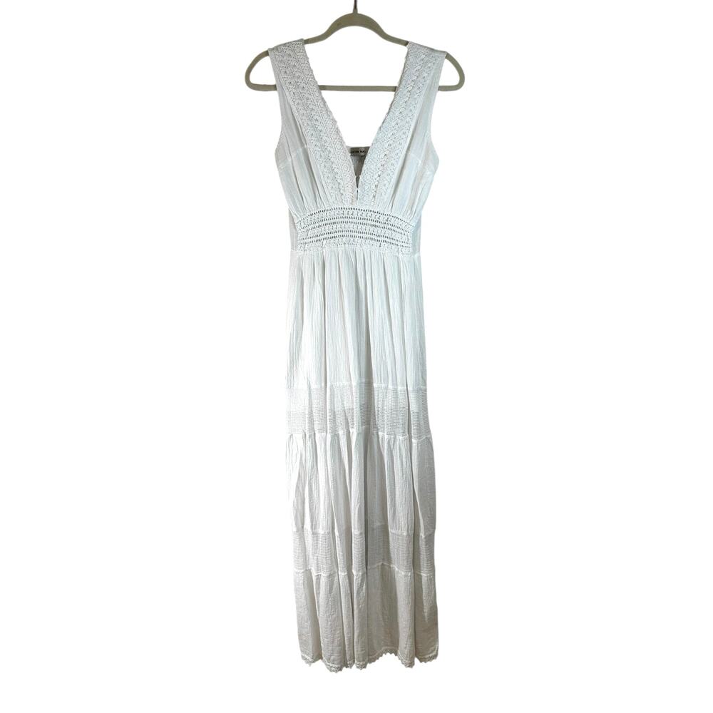 Cotton Natural Peruvian Sleeveless Tiered Maxi Dress Crochet Trim White S Fairy